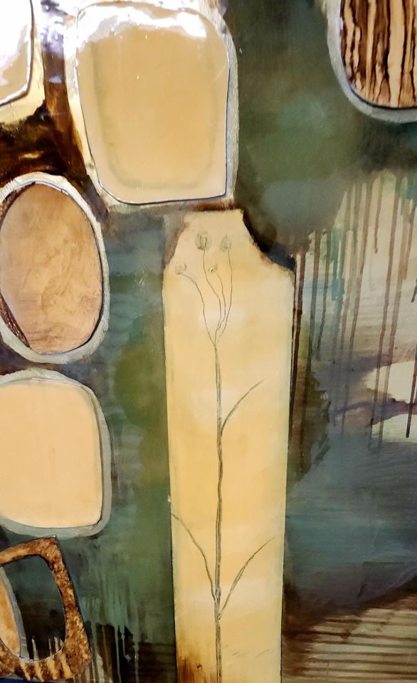 Vintage bold mid-century mixed media oil painting on board w/ enamel lacquer finish. 30" x 30" - 3