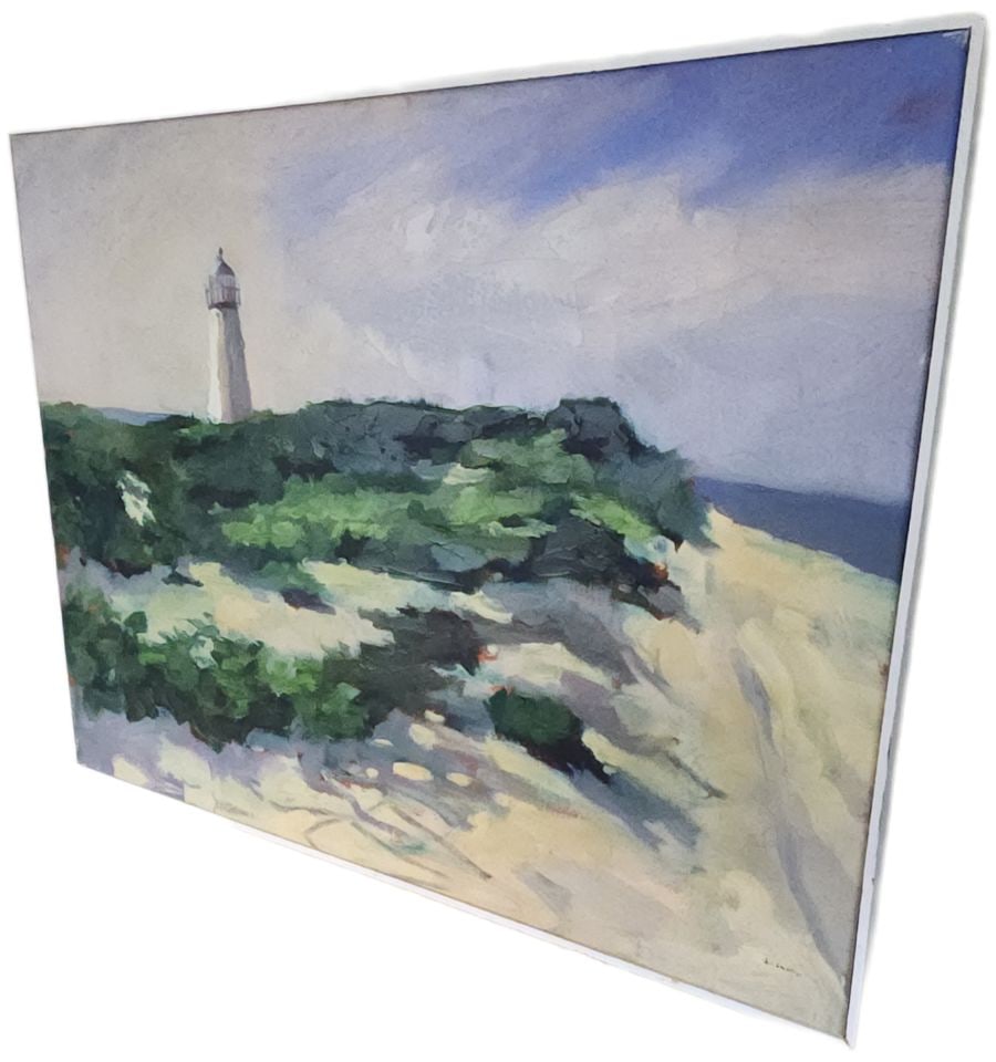 Sarah Butterfield Fine Art Oil Painting 29"x 38.5"Replica of Iconic Impressionist Work "Lighthouse".: Impressionistic Impasto-Style oil painting reproduction on canvas depicts a white lighthouse atop a green, grassy dune. The artwork has a color palette of greens, blues, and sandy tones. Sarah