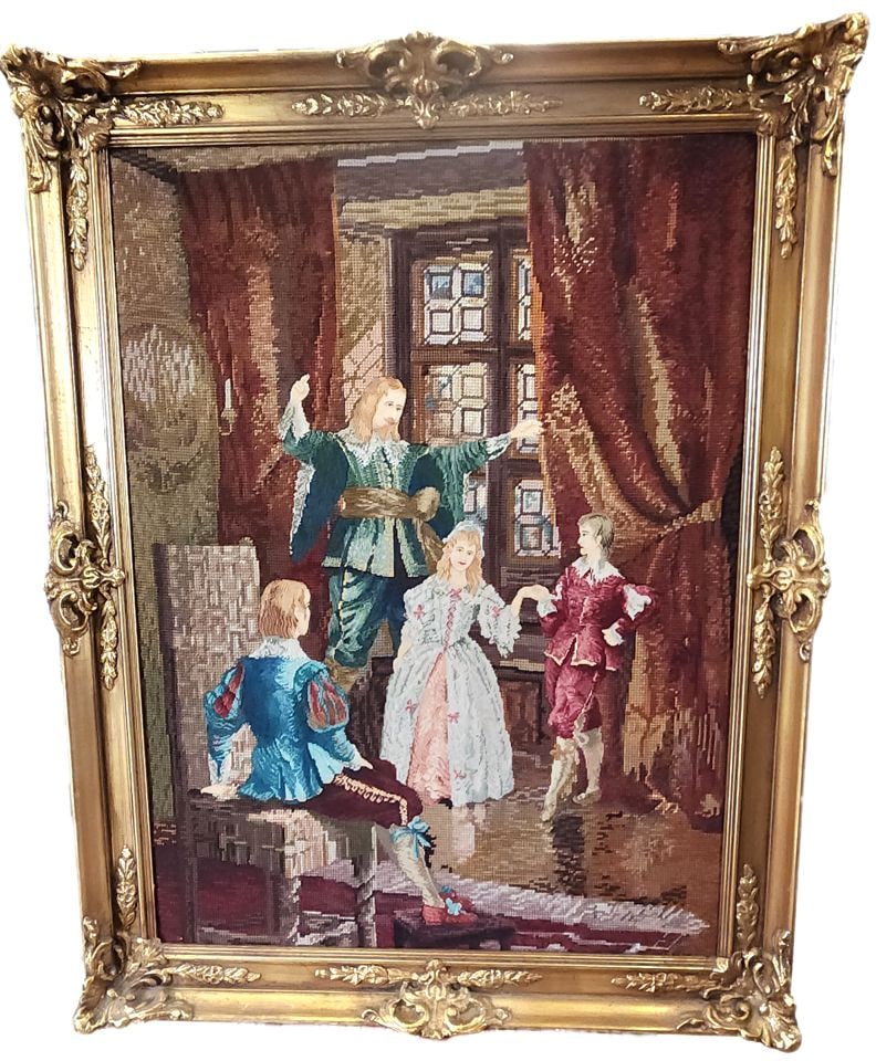 Vintage needlepoint tapestry painting in gilded frame of Baroque 17th Century courtly scene. 36x28" (1 of 7)