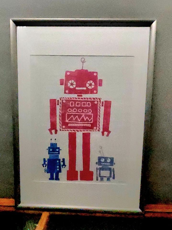 If you love robots, this is for you. Vintage Ikea print of retro-robot family. Facsimile signed.