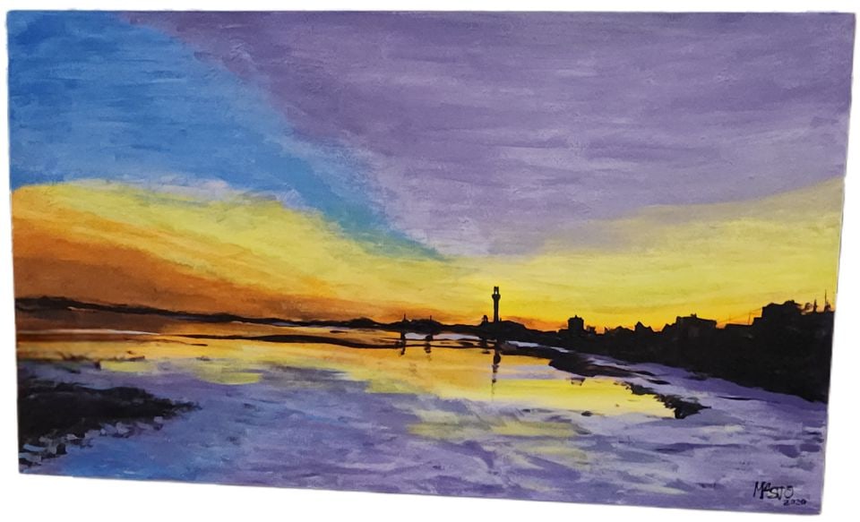 Mosko 2020, Stunning 34"x 58" Vividly Colored Oil Painting of Sunset over Costal City and Sea.: Original oil painting on canvas depicts a vibrant sunset over a coastal city skyline. The artwork uses a palette of purple, blue, yellow, and orange to capture the light reflecting off the water. A