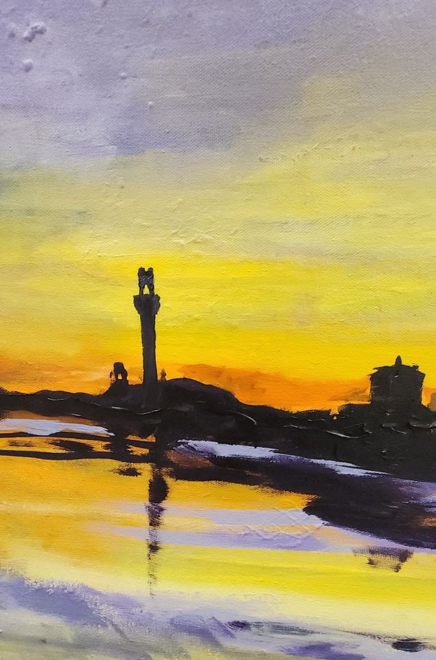 Mosko 2020, Stunning 34"x 58" Vividly Colored Oil Painting of Sunset over Costal City and Sea. - 2