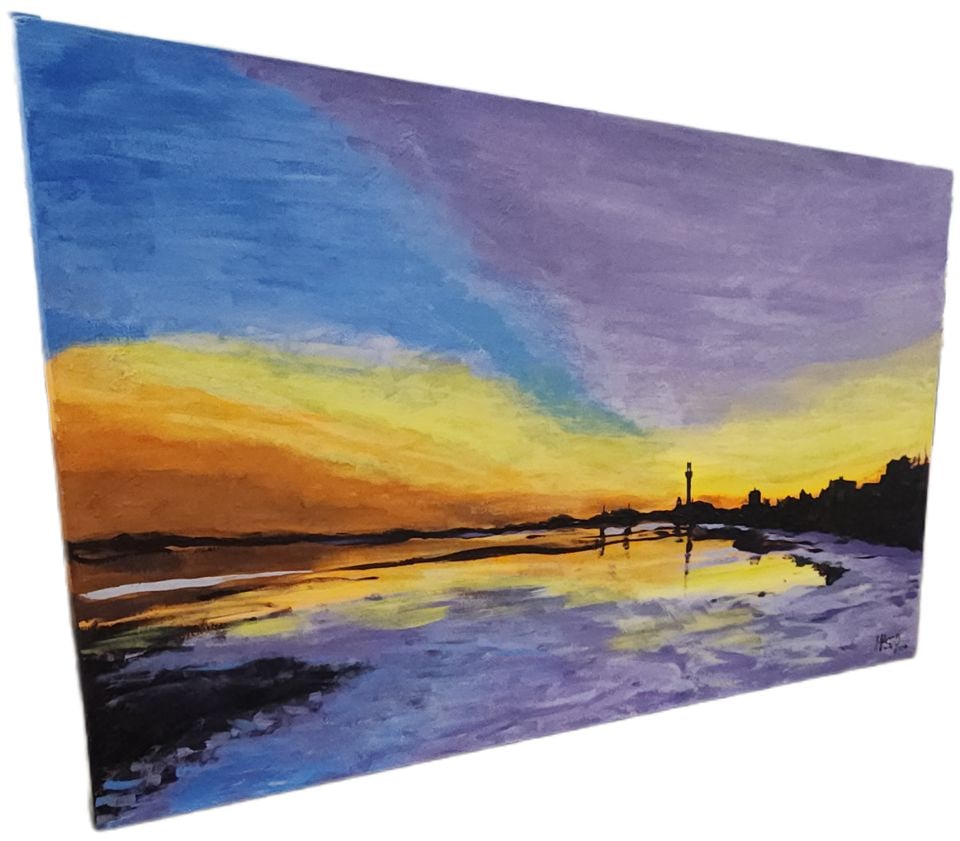 Mosko 2020, Stunning 34"x 58" Vividly Colored Oil Painting of Sunset over Costal City and Sea. - 3