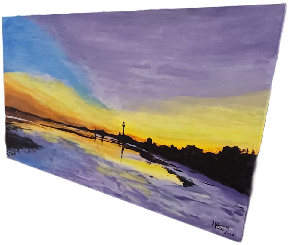 Mosko 2020, Stunning 34"x 58" Vividly Colored Oil Painting of Sunset over Costal City and Sea. - 4