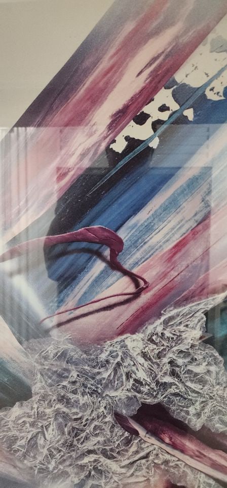 Large '60s/'70s vibrant 60x48 abstract painting under glass w/ dramatic explosive 3D imagery. Signed - 2