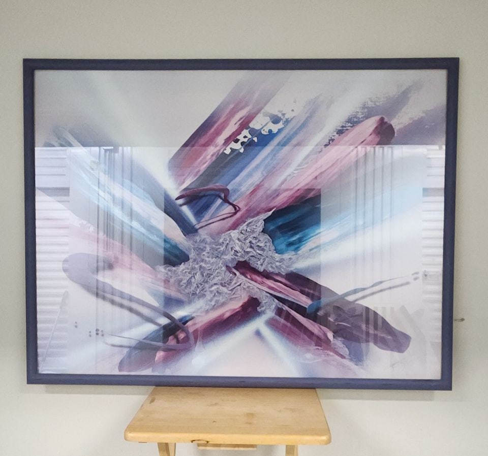 Large '60s/'70s vibrant 60x48 abstract painting under glass w/ dramatic explosive 3D imagery. Signed - 3