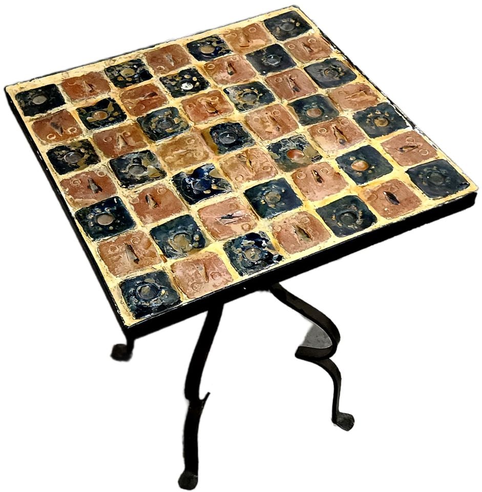 Vintage Richly Colored Mosaic Tile Top Wrought Iron Side of Garden Table. 15"x 15" (1 of 4)