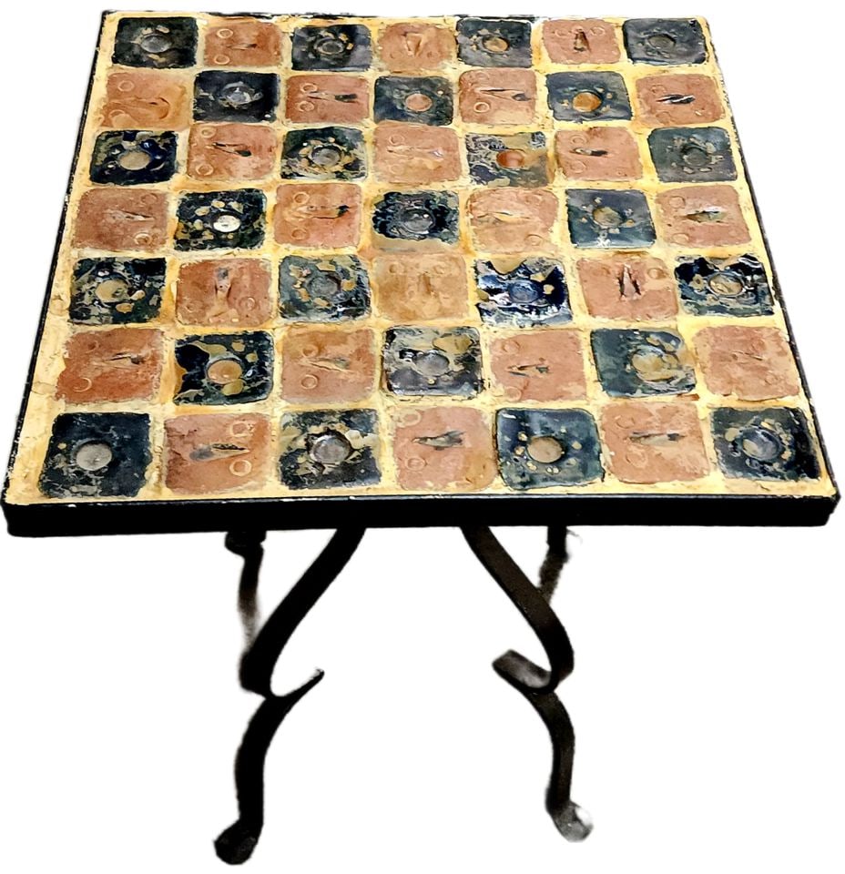 Vintage Richly Colored Mosaic Tile Top Wrought Iron Side of Garden Table. 15"x 15" - 2