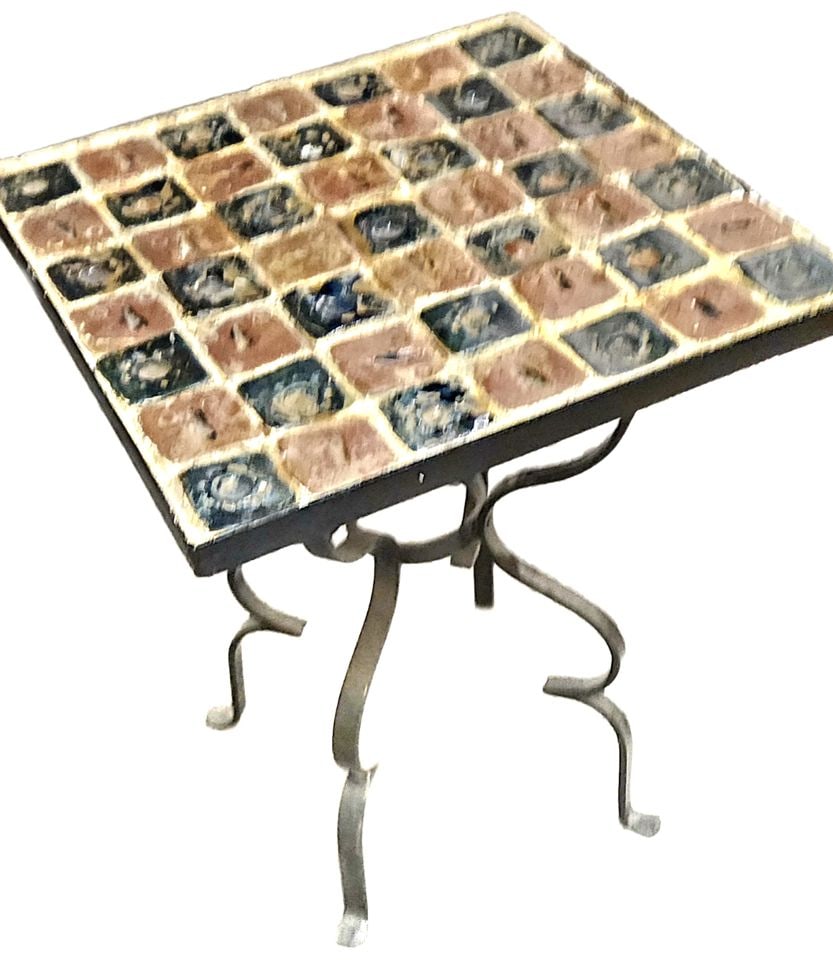 Vintage Richly Colored Mosaic Tile Top Wrought Iron Side of Garden Table. 15"x 15" - 3