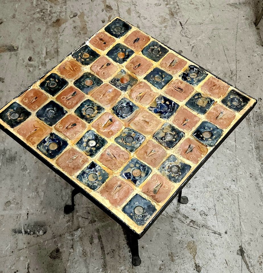 Vintage Richly Colored Mosaic Tile Top Wrought Iron Side of Garden Table. 15"x 15" - 4