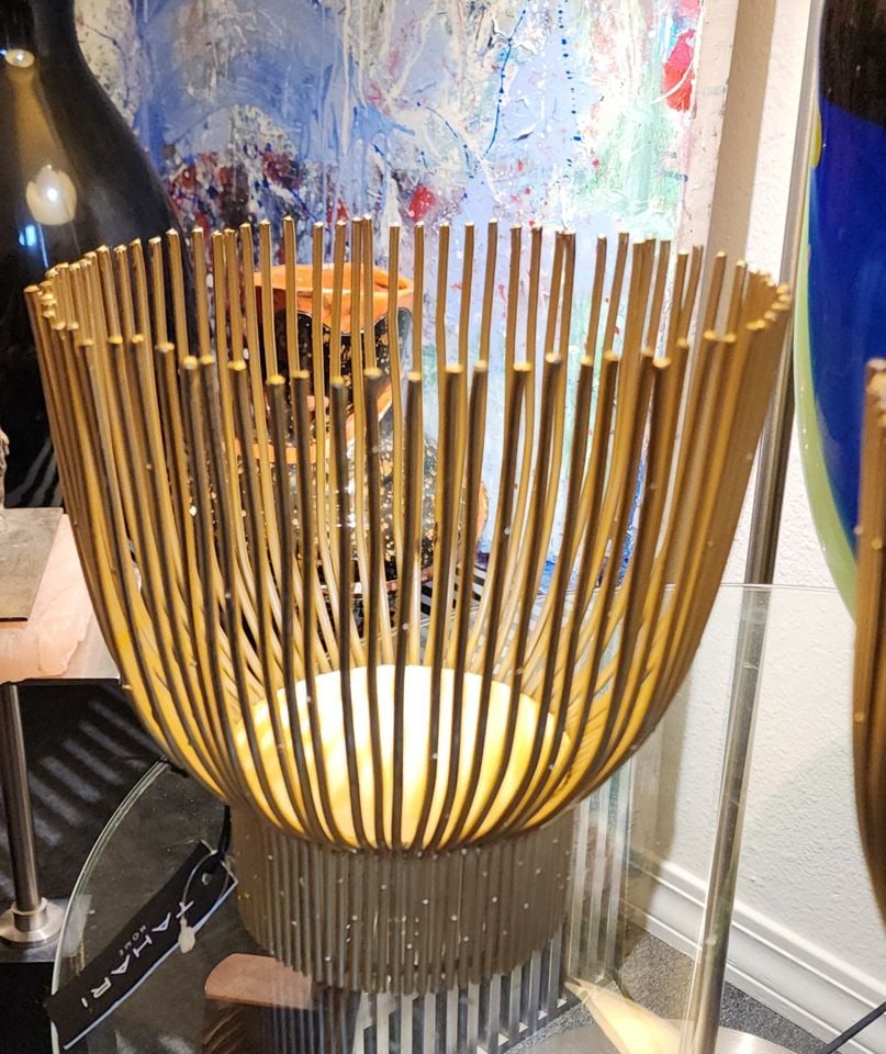 Pair of designer Eli Tahari gold finished caged wire candle holders inspired by Harry Bertoia. - 2