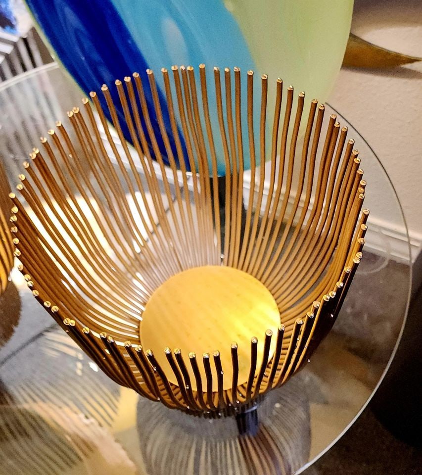 Pair of designer Eli Tahari gold finished caged wire candle holders inspired by Harry Bertoia. - 3