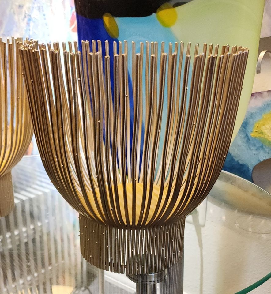 Pair of designer Eli Tahari gold finished caged wire candle holders inspired by Harry Bertoia. - 4