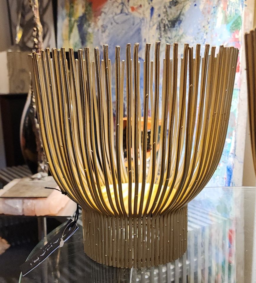 Pair of designer Eli Tahari gold finished caged wire candle holders inspired by Harry Bertoia. - 6