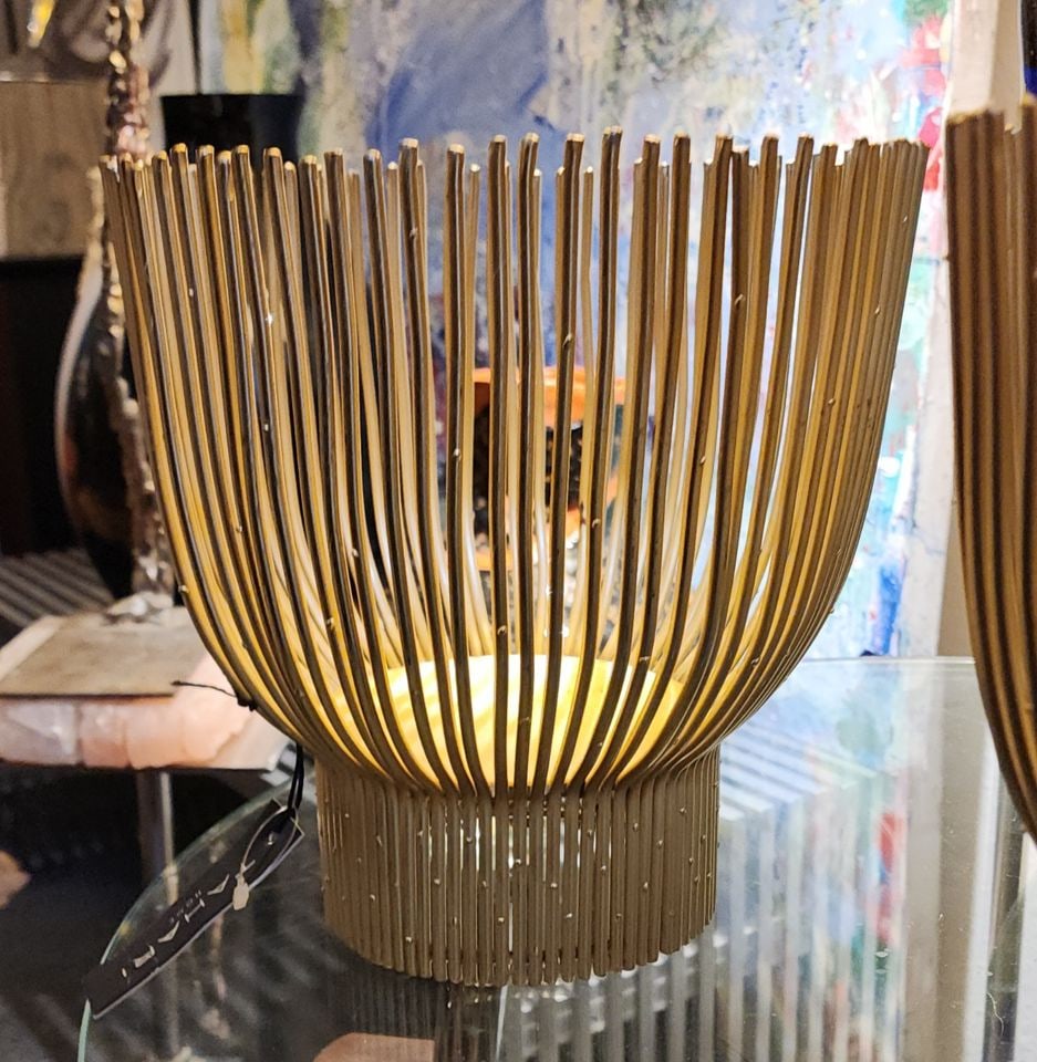 Pair of designer Eli Tahari gold finished caged wire candle holders inspired by Harry Bertoia. - 7