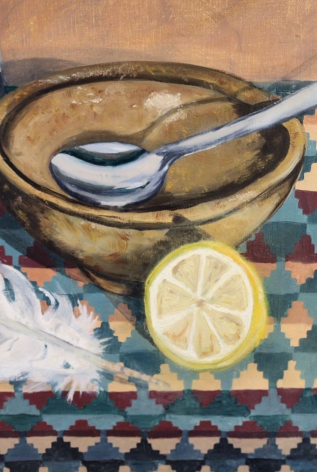 Masto 90' Vintage Ultra-Large 50"x 50" Original Still Life Oil Painting on Canvas. Taste the Lemon. - 4