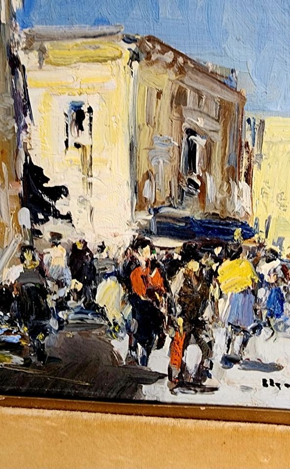 Ugo Maresca Signed Mid-Century Impressionist Palate Knife Oil Painting Italian Street Scene 16x19 - 2