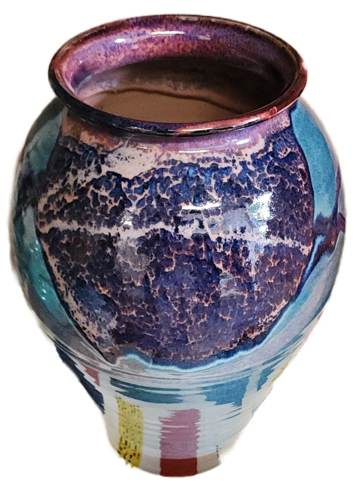 Signed Vintage Vibrantly Colored Abstract Ceramic Art Vase w/ Brilliant Glaze. 15"x 8" - 2