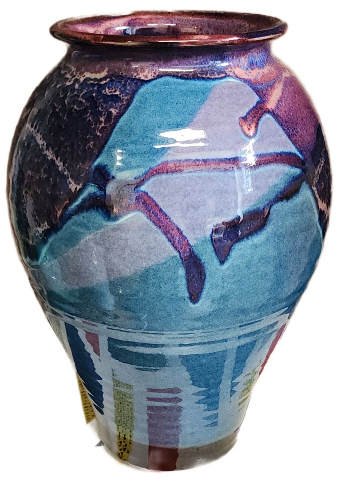 Signed Vintage Vibrantly Colored Abstract Ceramic Art Vase w/ Brilliant Glaze. 15"x 8" - 3
