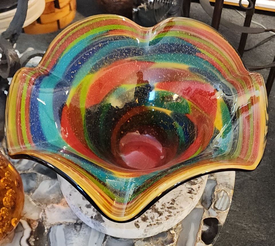 Fabulous Murano* Heavy Sculptural Rainbow-Style Art Bowl w/ Gold Flecks. 17D x 9H *Likely Origin - 2
