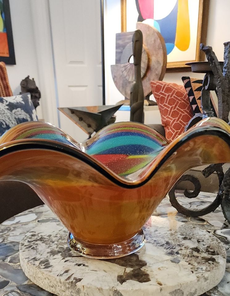 Fabulous Murano* Heavy Sculptural Rainbow-Style Art Bowl w/ Gold Flecks. 17D x 9H *Likely Origin - 3