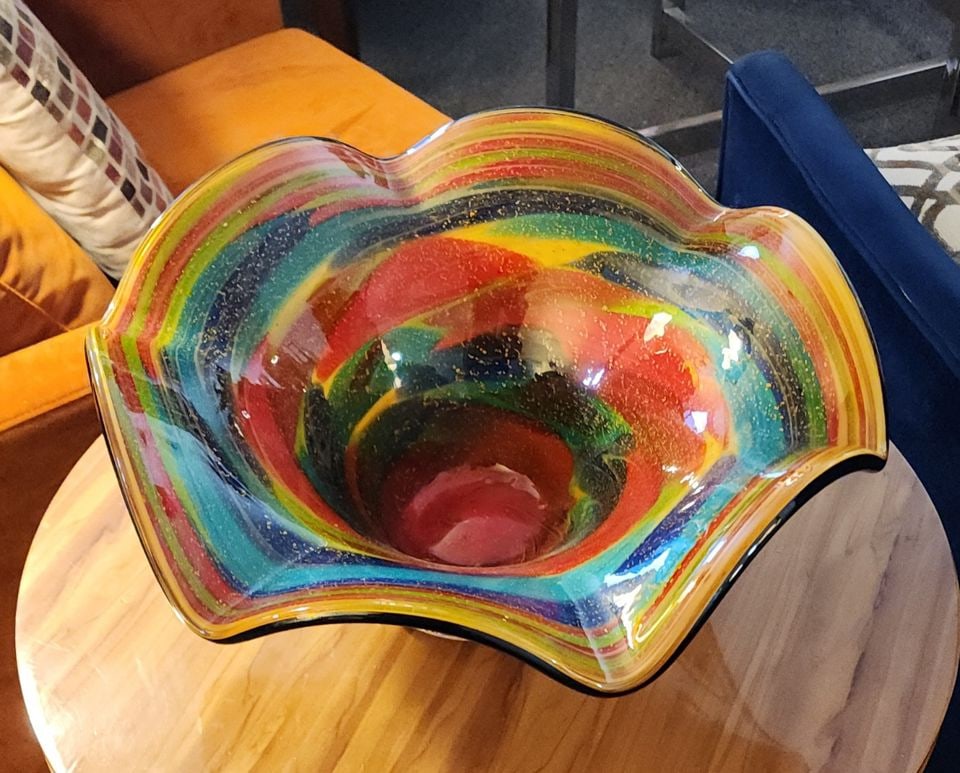 Fabulous Murano* Heavy Sculptural Rainbow-Style Art Bowl w/ Gold Flecks. 17D x 9H *Likely Origin - 4