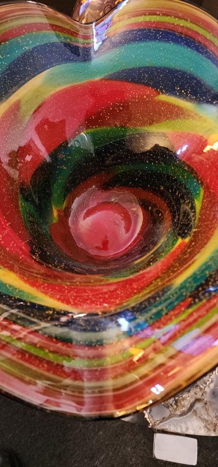 Fabulous Murano* Heavy Sculptural Rainbow-Style Art Bowl w/ Gold Flecks. 17D x 9H *Likely Origin - 5