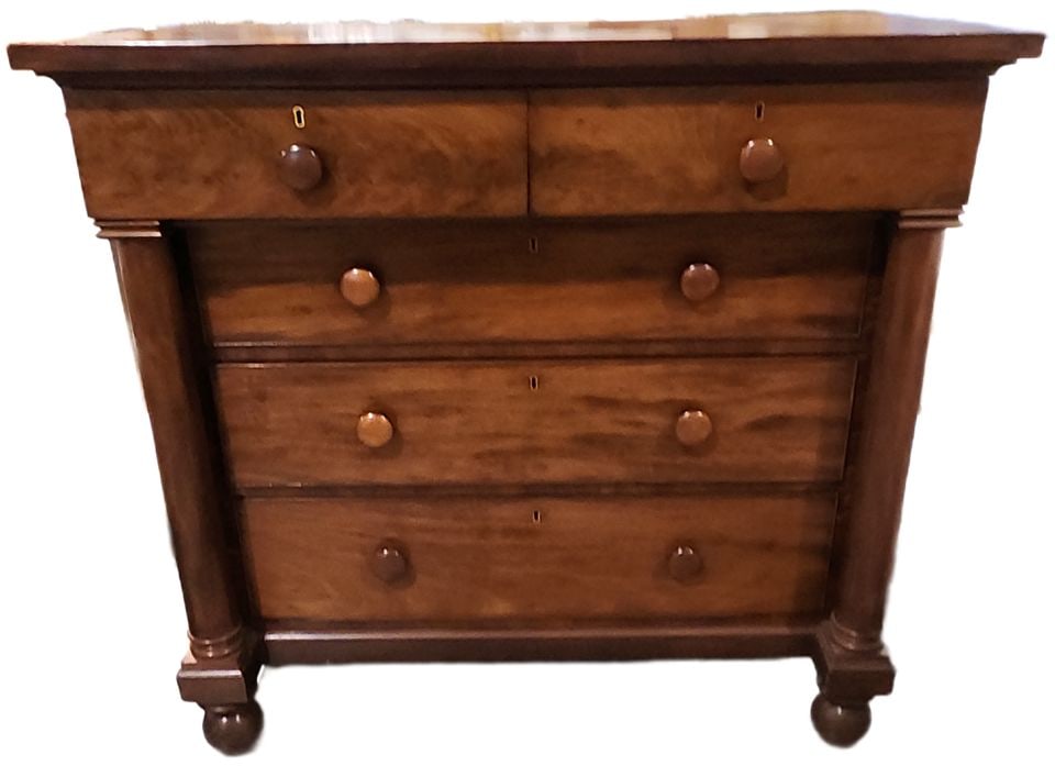 Antique American Empire Crotch Mahogany 5-Drawer Highboy Chest Dresser. Circa Mid 1900s. 47W x 25D x - 2