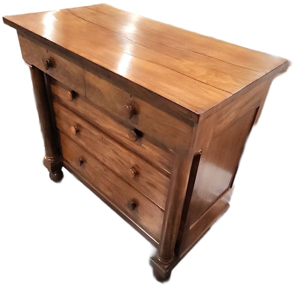 Antique American Empire Crotch Mahogany 5-Drawer Highboy Chest Dresser. Circa Mid 1900s. 47W x 25D x - 3