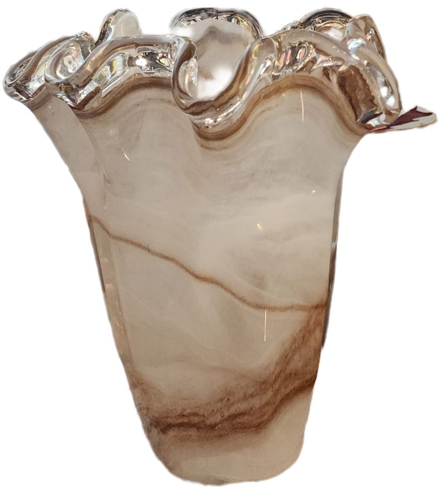 Vintage 14h × 13w x 10d Murano Style hand-blown art glass vase ruffled w/ embedded swirl - 3