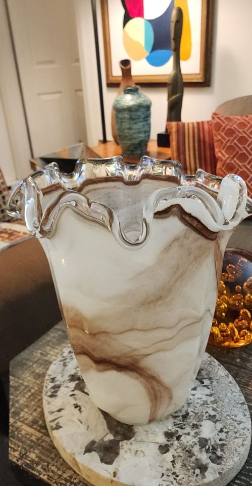 Vintage 14h × 13w x 10d Murano Style hand-blown art glass vase ruffled w/ embedded swirl - 4