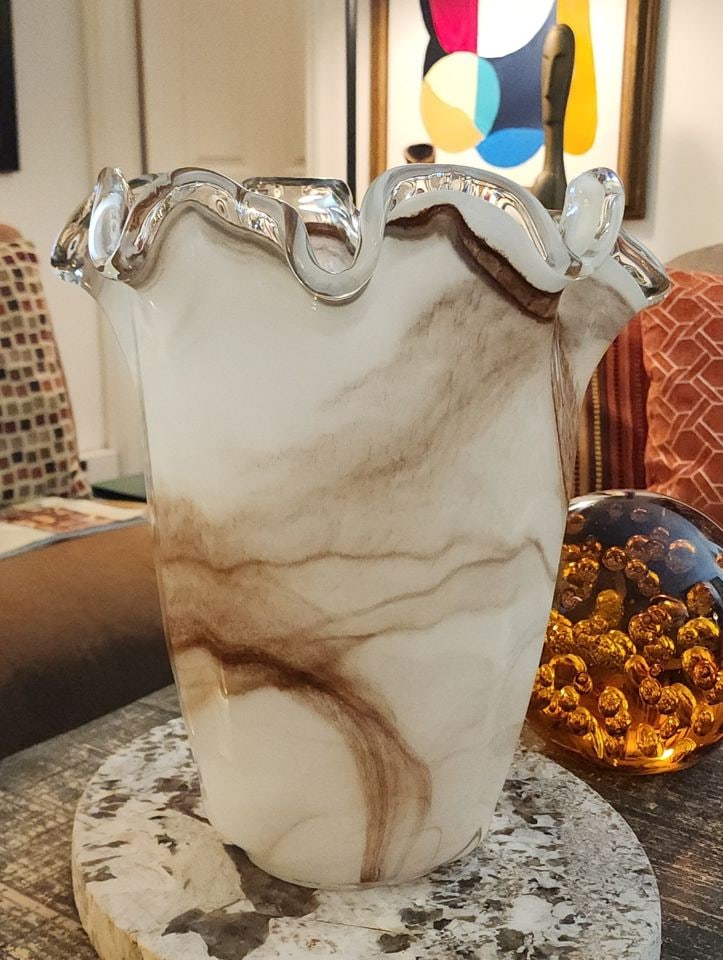 Vintage 14h × 13w x 10d Murano Style hand-blown art glass vase ruffled w/ embedded swirl - 5