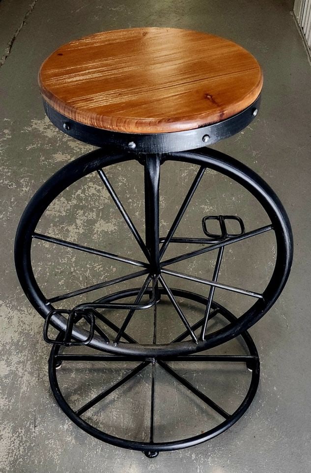 Fantastic vintage handmade iron unicycle style bar stool w/ wooden seat. Perfect for kitchen or den. - 2