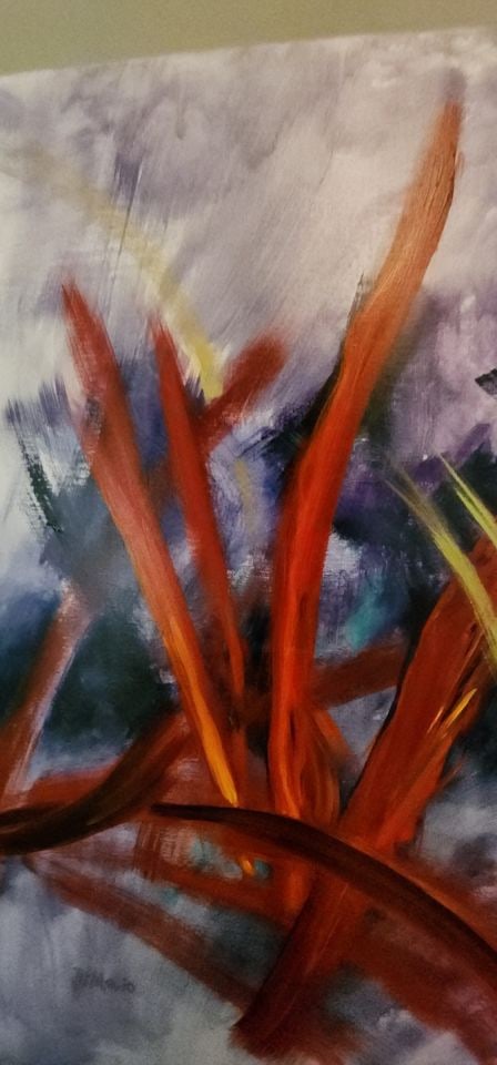 Alfred DiMaio, Signed original acrylic vivid abstract painting on linen titled "Red Friends". 36x36 - 3