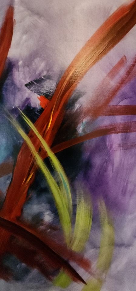 Alfred DiMaio, Signed original acrylic vivid abstract painting on linen titled "Red Friends". 36x36 - 4