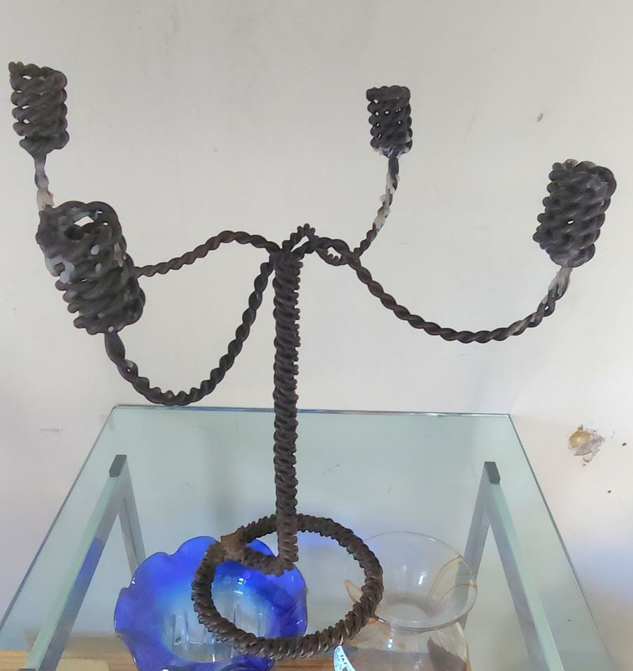 Rare antique French candelabra handcrafted with twisted iron rope. (Brutalist-Style): Rare antique French candelabra handcrafted with twisted iron rope. (Brutalist-Style) Shipping: Domestic: Shipping rates are determined by destination International: Foreign shipping rates are