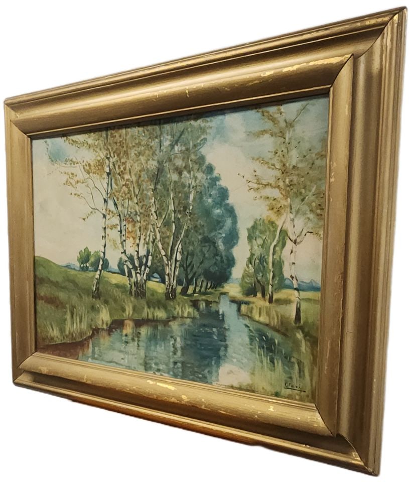 C. Fuini, vintage serene landscape oil painting of stream running through country wooded setting. - 3