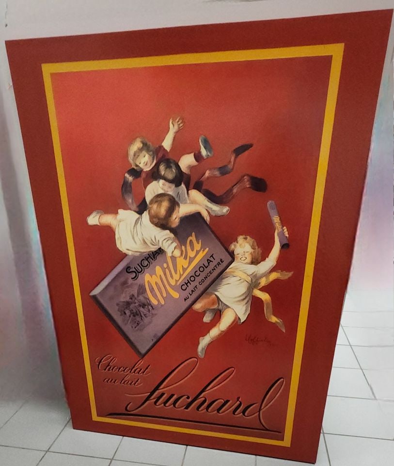 Signed Ultra-Large Vintage "Suchard Chocolate" Mixed Media representation of historic French poster.: Signed Ultra-Large Vintage "Suchard Chocolate" Mixed Media representation of historic French poster. 44" x 58" finished with lacquer glaze Shipping: Domestic: Shipping rates are determined by destinat