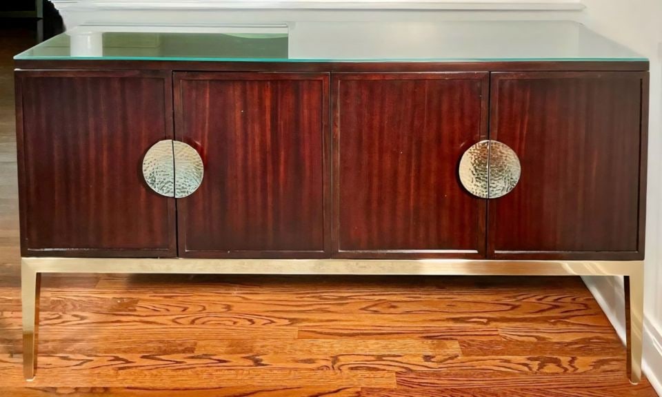 Luxury Hi-Design Bernhardt Jet Set Credenza-Sideboard w/ dark wood & polished gold finish metal base - 4
