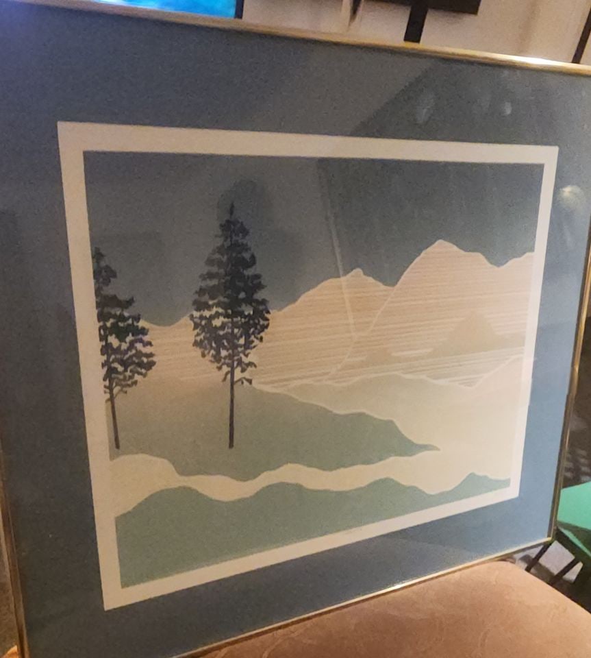 Schenk Signed 30x24" vintage original serigraph. Minimalist dystopian tranquil undisturbed landscape: Signed Schenk serigraph. Features minimalist serene landscape with two pine trees, mountains and a tranquil body of water. Muted blue, green, and beige colors. Housed in a gold-finished custom-made