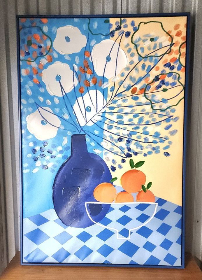 Boldly colored cubist impasto hand-painted still life Special Edition by 33Art Studio 24"x36": Vibrant impasto-style still life painting by 33Art Studio. This bold cubist work features a blue vase with white flowers and a bowl of oranges on a cool blue and white checkered table. Has a modern