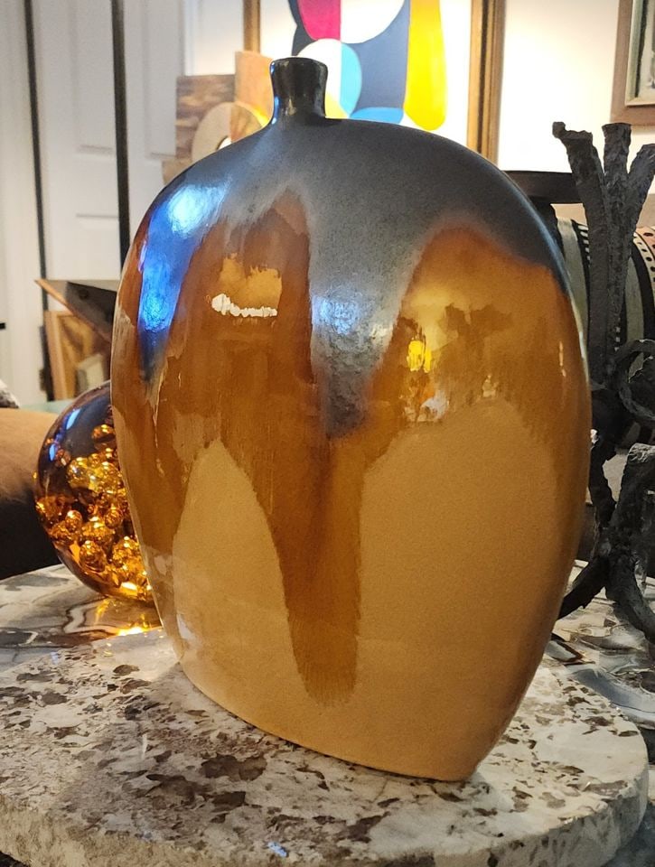 Vintage Earthtone Mid-Century Drip Glaze Heavy Ceramic Art Vase. 15x15x4 - 4