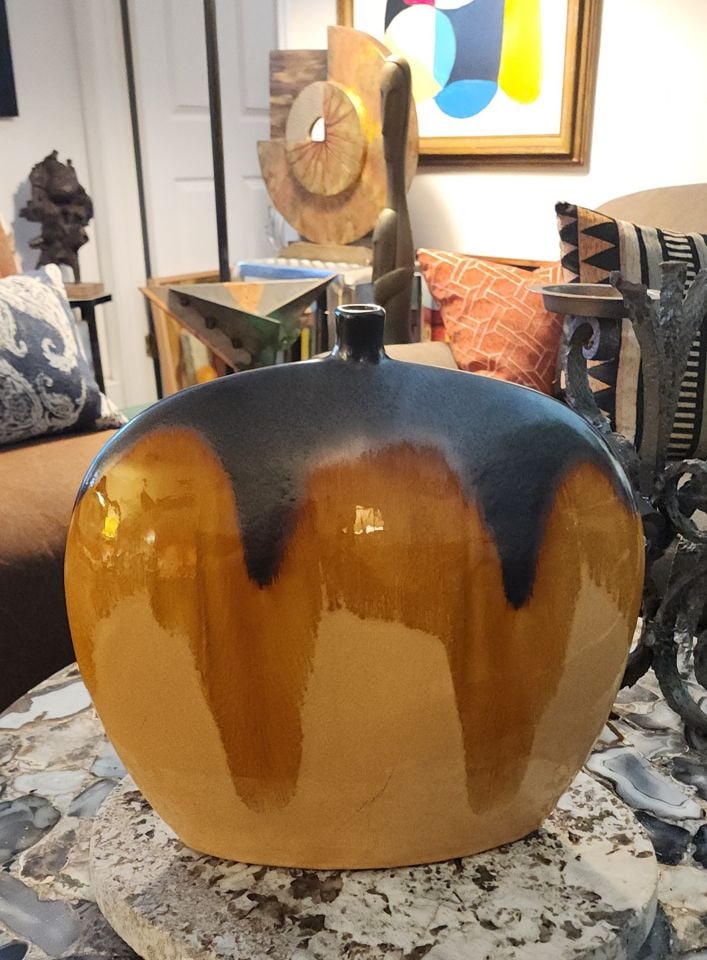 Vintage Earthtone Mid-Century Drip Glaze Heavy Ceramic Art Vase. 15x15x4 - 5