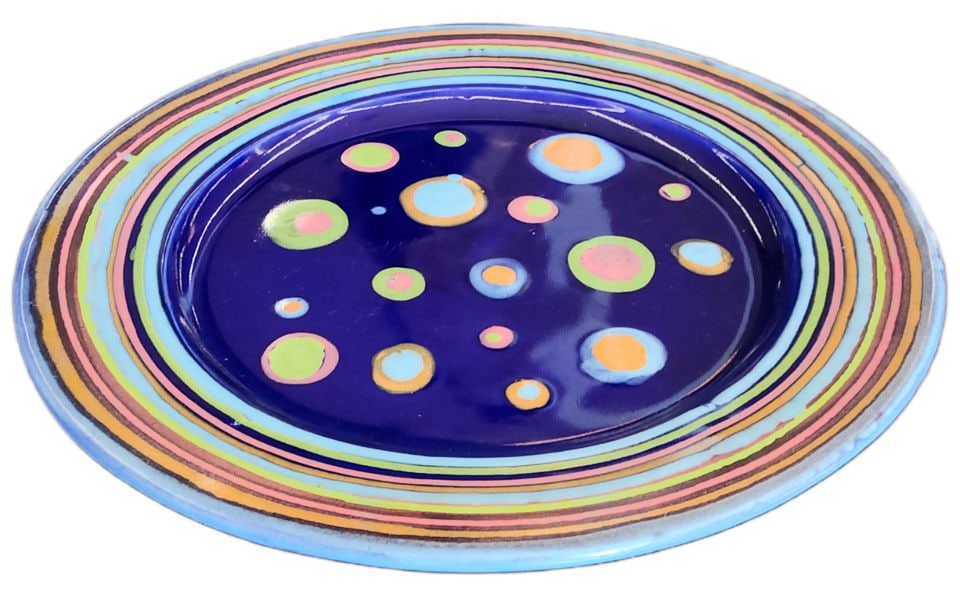 Large Hand-Crafted Vibrant Abstract Ceramic Art Platter by Galaxy. Signed by Artist.: Vibrant ceramic art platter with a deep blue base color. This hand-crafted piece by Galaxy has a multi-colored striped rim and a central abstract polka dot pattern in shades of green, orange, and