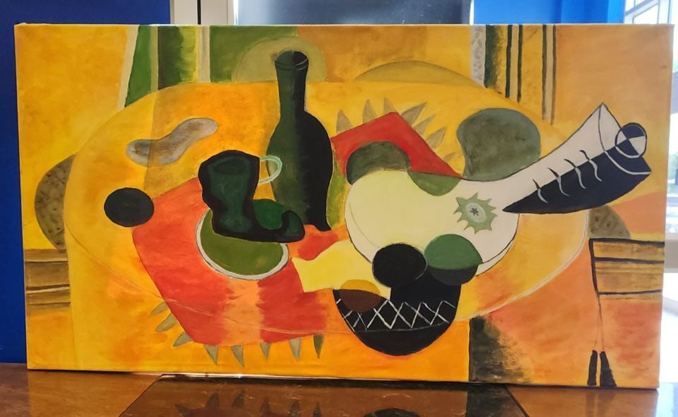 After George Braque 48x24 Cubist Oil Painting Recreation of his Iconic 1935 "Still Life with Guitar": This "original" oil painting artwork is a reproduction of "Still Life with Guitar" created by Georges Braque in 1935. It is a prime example of Cubism, a style Braque co-developed with Pablo Picasso.