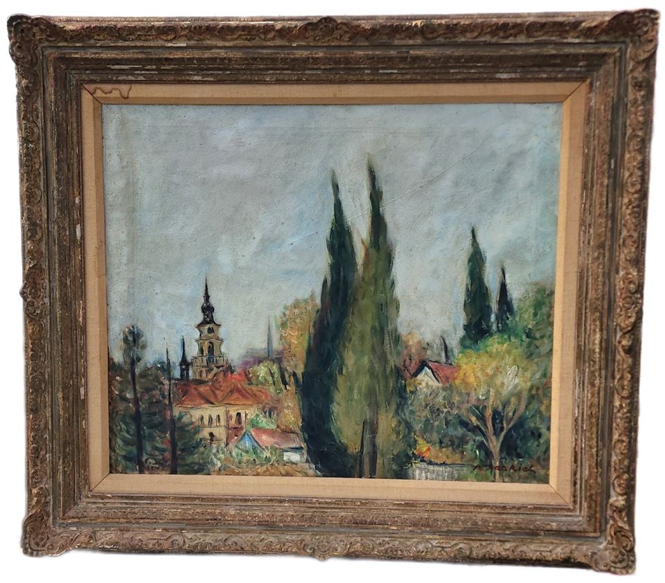 A. Zaskick, Signed Circa 1943, Exquisite Original Oil Painting of European Landscape.: The painting is in good condition. Any wear and tear, which would include some unevenness in the canvas as well as a few chips and scuffs on the frame is consistent with the age of the painting.