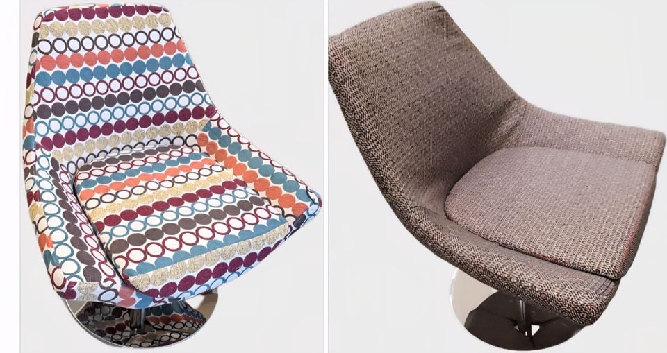 1 Chair/ 2 Personalities. MCM swivel accent side chair w/ heavy chrome base & vibrant 70s fabric.: The chair was originally created with the bold colored fabric as shown and includes custom a tweed slip cover for the more conservative among us as also pictured. This designer chair features a