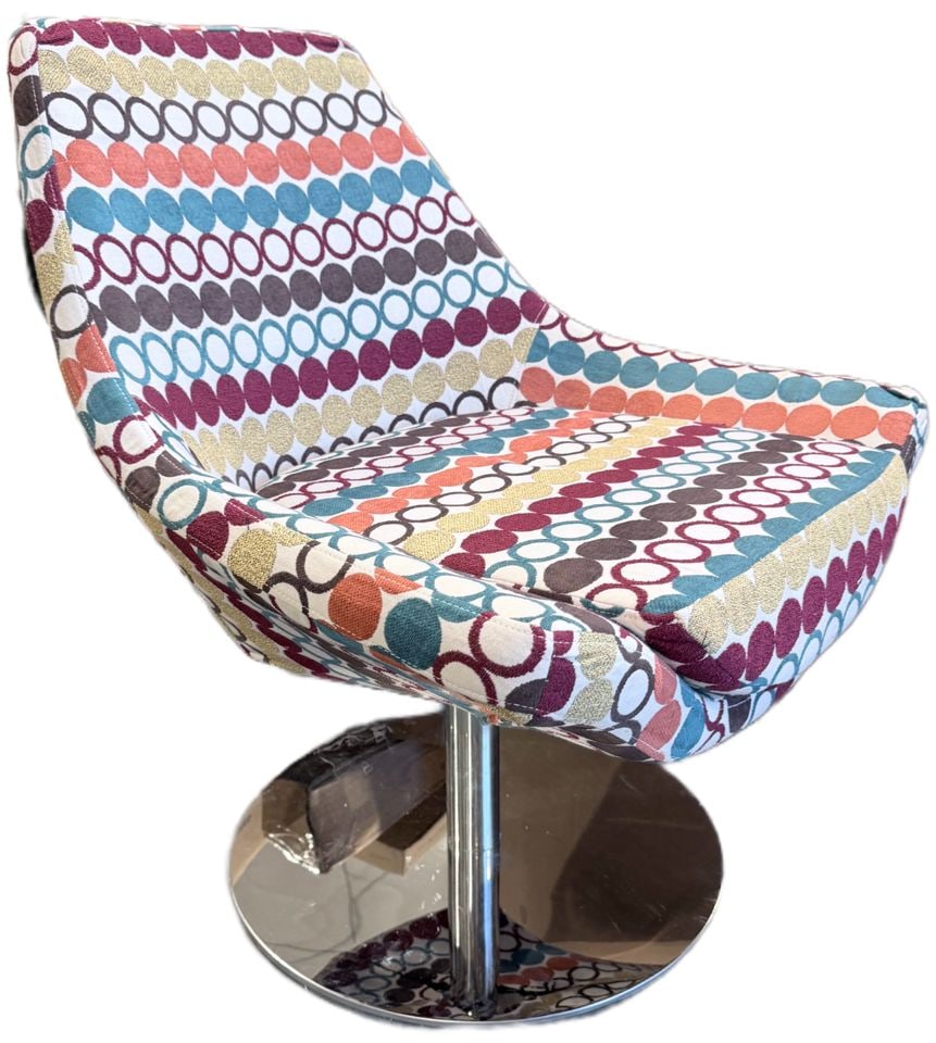 1 Chair/ 2 Personalities. MCM swivel accent side chair w/ heavy chrome base & vibrant 70s fabric. - 2
