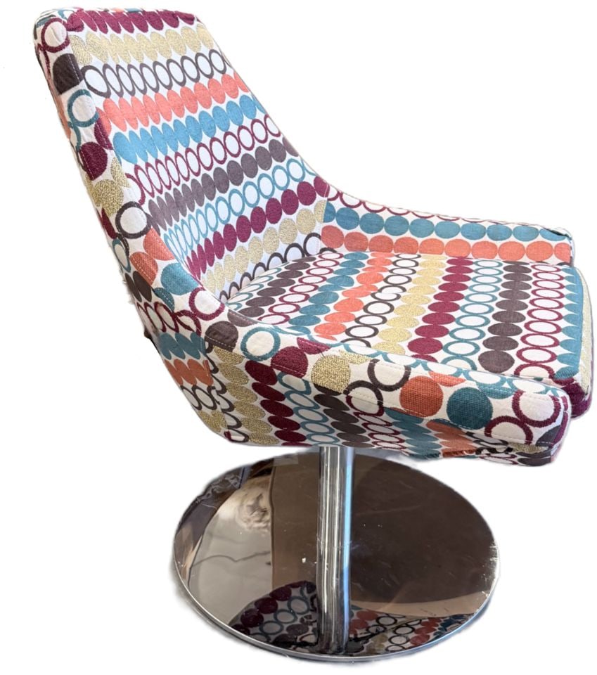 1 Chair/ 2 Personalities. MCM swivel accent side chair w/ heavy chrome base & vibrant 70s fabric. - 5