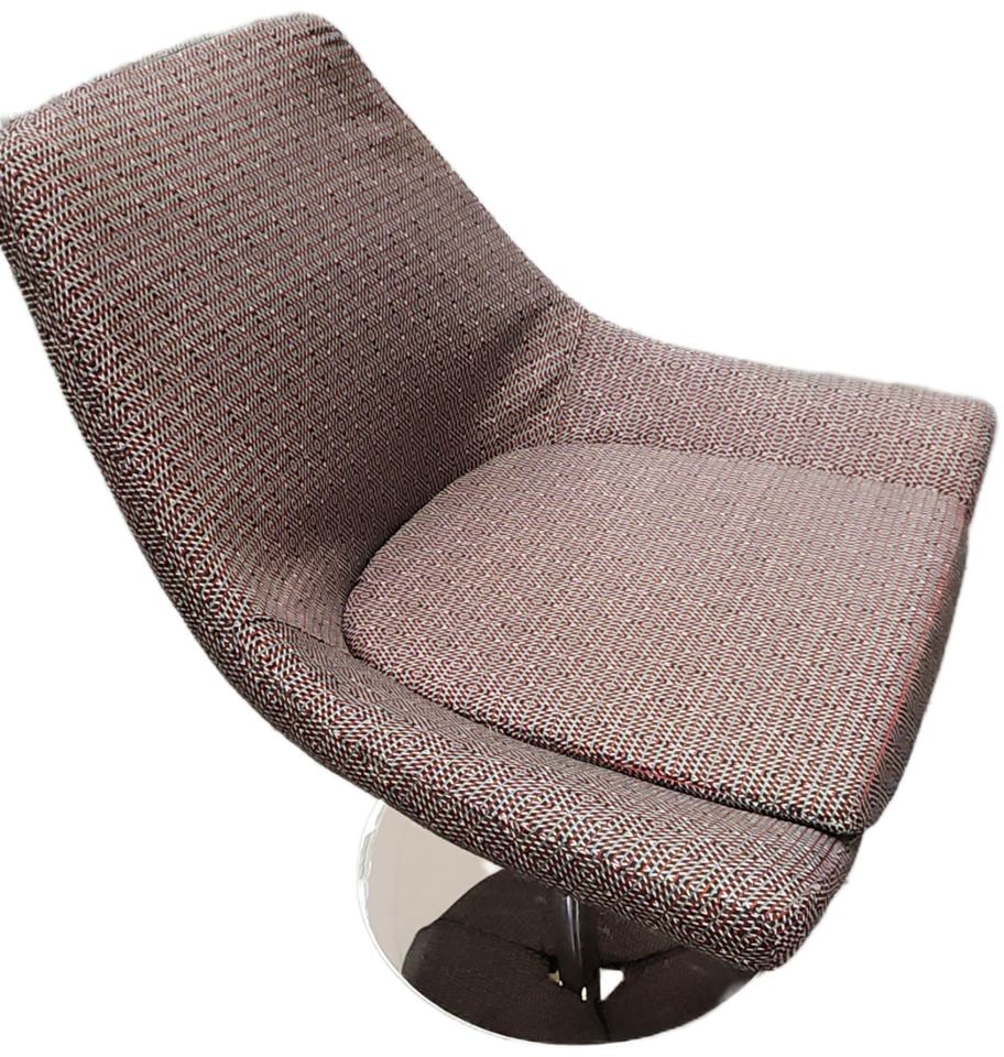 1 Chair/ 2 Personalities. MCM swivel accent side chair w/ heavy chrome base & vibrant 70s fabric. - 7